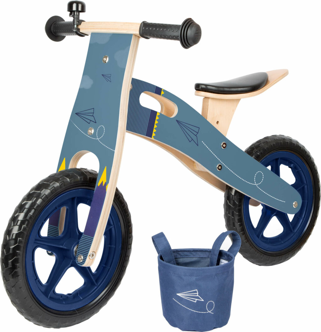 Houten loopfiets blauw detail