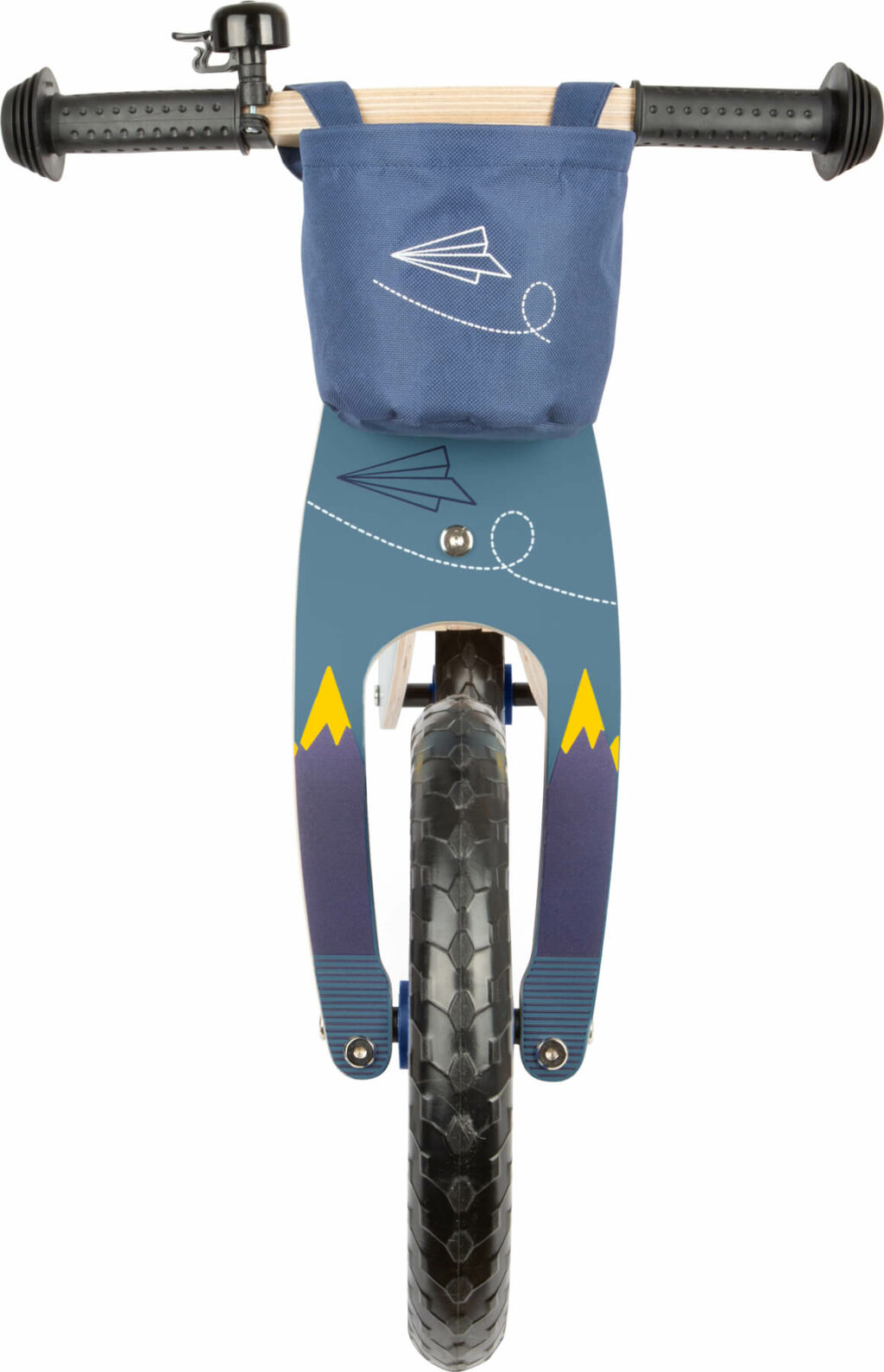 Houten loopfiets blauw vooraanzicht