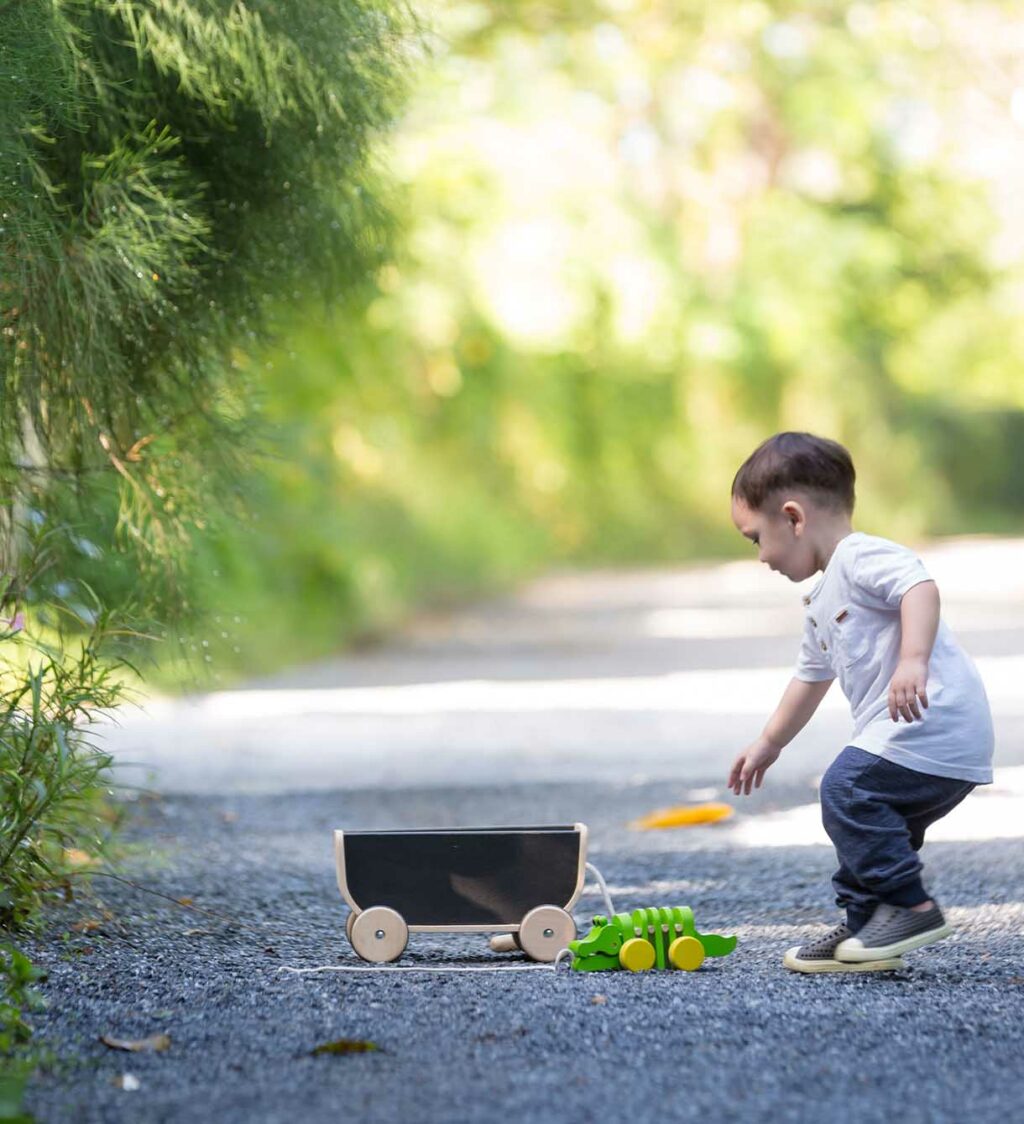 Spelen met een houten trekwagen van PlanToys