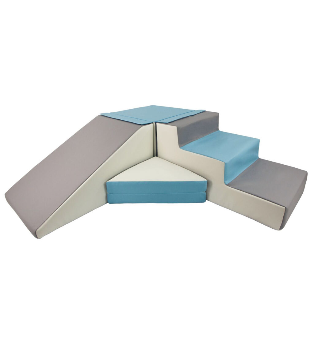 Foamblokken met glijbaan en trap wit baluw grijs Foamblokken met glijbaan en trap wit baluw grijs