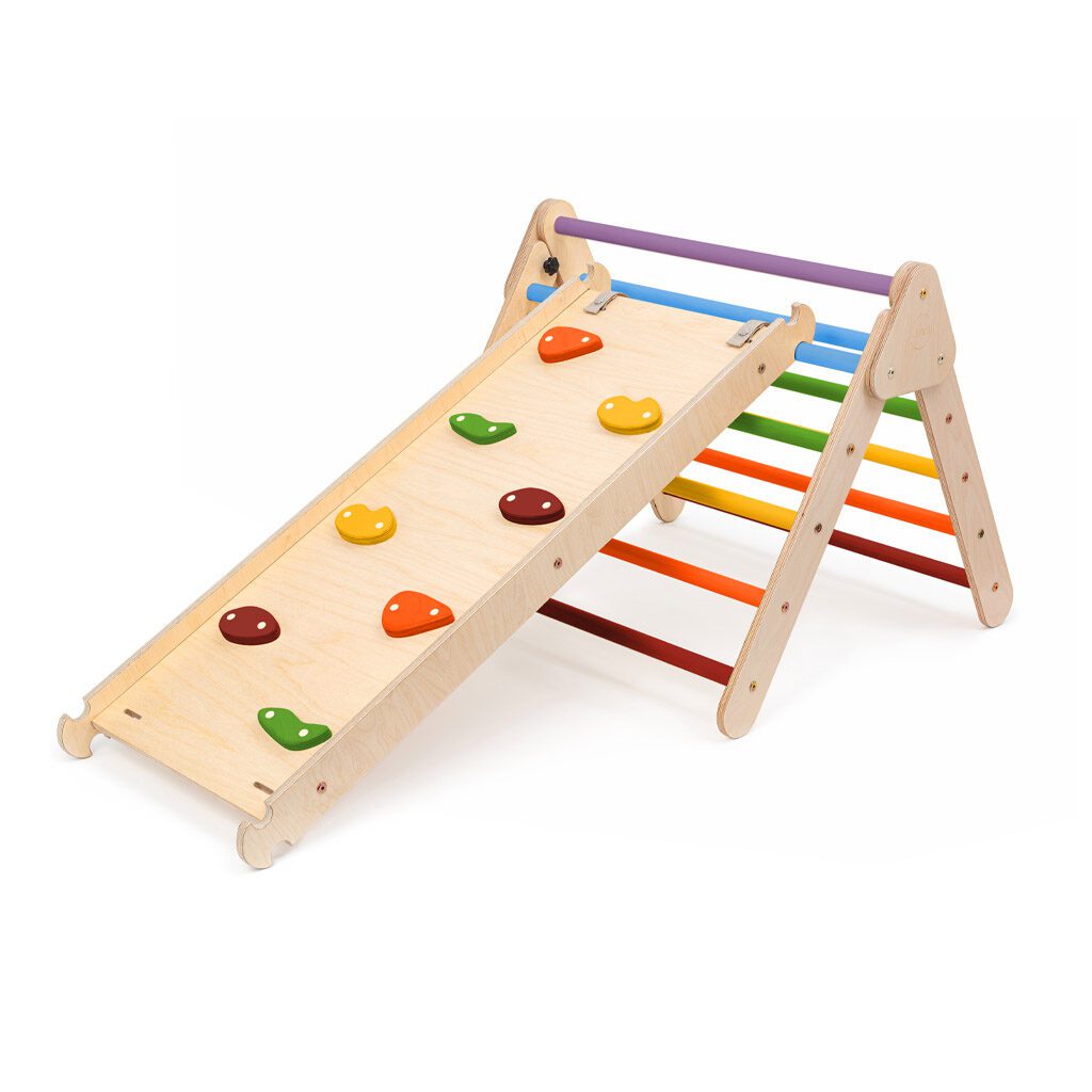 Klimdriehoek Jindl premium regenboogkleuren met klimhelling