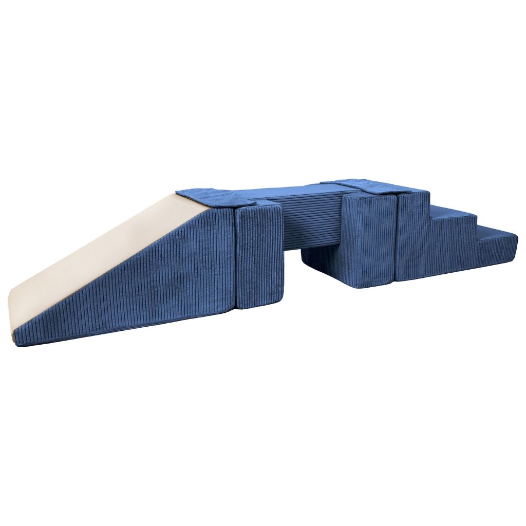Speelset foamblokken trap + glijbaan + loopbrug ribstof donkerblauw Speelset foamblokken trap + glijbaan + loopbrug ribstof donkerblauw