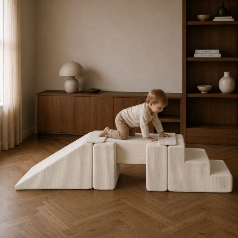 Speelset - foamblokken Trap + glijbaan + loopbrug - ribstof beige - kruipend erop