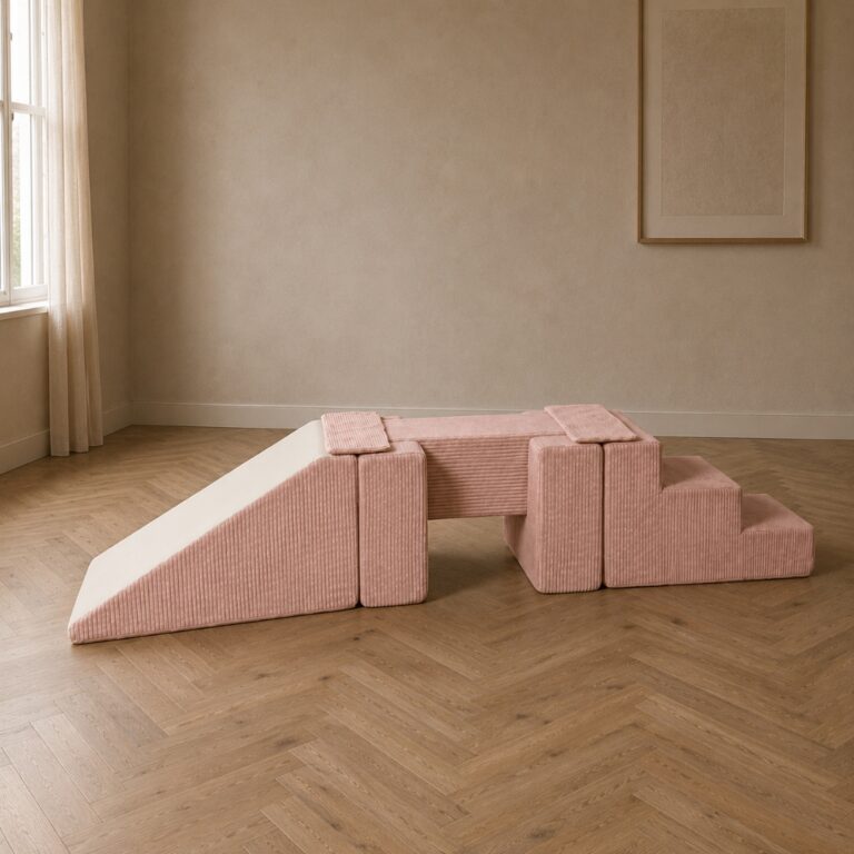 Speelset - foamblokken Trap + glijbaan + loopbrug - ribstof oud roze