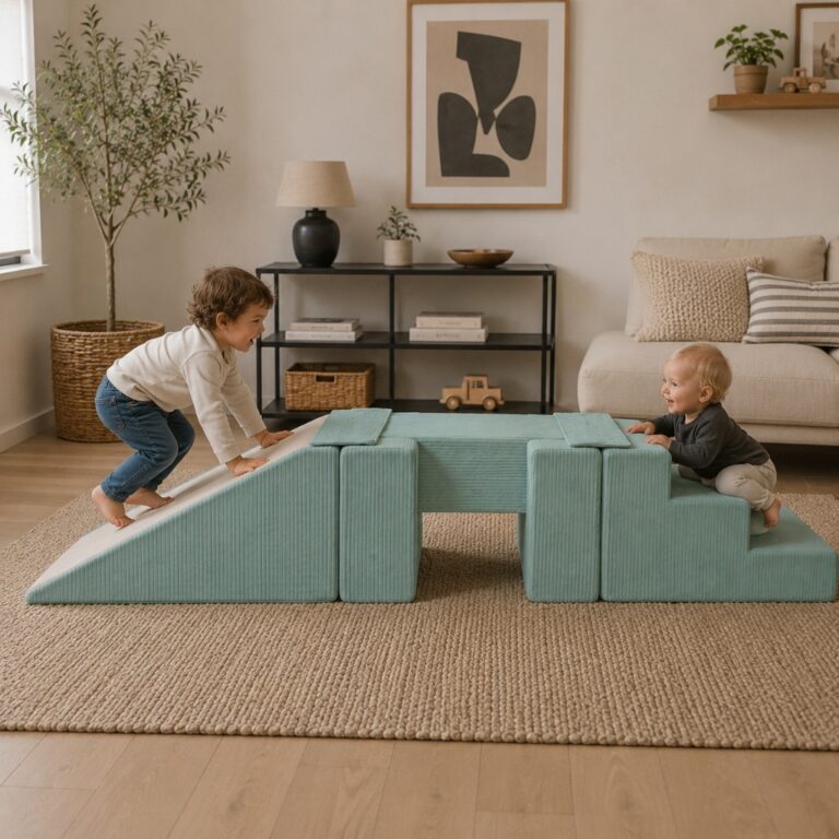 Speelset - foamblokken Trap + glijbaan + loopbrug - ribstof turquoise