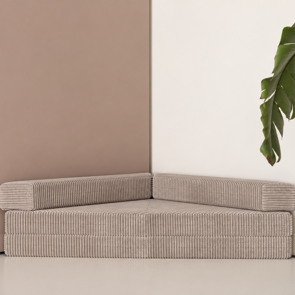 Hoekbank speelmatras Jindl® Cord hazelnootbruin - Speelbank opgeklapt op elkaar Hoekbank speelmatras Jindl® Cord hazelnootbruin - Speelbank opgeklapt op elkaar