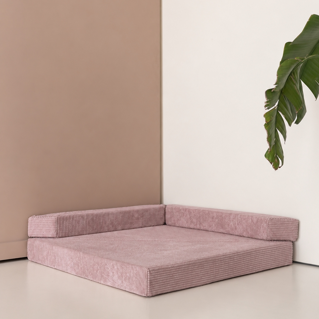 Hoekbank speelmatras Jindl® Cord oud roze - vooraanzicht speelbank uitgeklapt Hoekbank speelmatras Jindl® Cord oud roze - vooraanzicht speelbank uitgeklapt