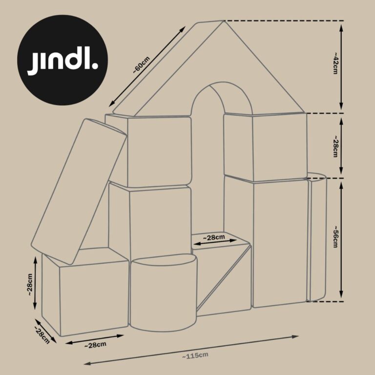 Maatvoering Jindl foamblokken kasteel: kubussen circa 28 cm en de afgebeelde opstelling circa 115 cm breed