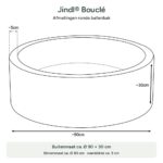 Maattekening Jindl Bouclé ballenbak: buitenmaat circa Ø 90 × 30 cm, binnenmaat Ø 80 cm en wanddikte 5 cm.