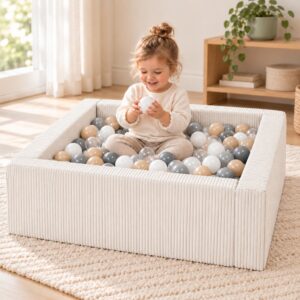 Peuter speelt in een beige vierkante modulaire Jindl Cord ballenbak met 200 ballen – Wit / Transparant / Grijs / Cappuccino