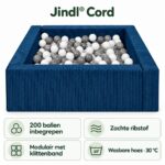 Vierkante modulaire Jindl Cord ballenbak donkerblauw: 200 ballen, zachte ribstof, klittenband en wasbare hoes op 30 °C