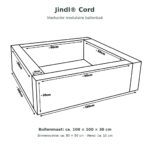 Maattekening vierkante modulaire Jindl Cord ballenbak: circa 100 × 100 × 30 cm buitenmaat, 80 × 80 cm binnenruimte en 10 cm wanddikte