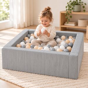 Peuter speelt in een grijze vierkante modulaire Jindl Cord ballenbak met 200 ballen – Wit / Transparant / Grijs / Cappuccino