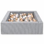 Vrijstaande vierkante modulaire Jindl Cord ballenbak in grijs met 200 ballen – Wit / Transparant / Grijs / Cappuccino
