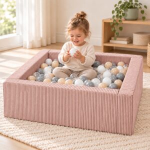 Peuter speelt in een oudroze vierkante modulaire Jindl Cord ballenbak met 200 ballen – Wit / Transparant / Grijs / Cappuccino