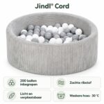 Grijze Jindl Cord ballenbak met vier kenmerken: 200 ballen, zachte ribstof, licht en verplaatsbaar en een hoes wasbaar op 30 graden.