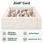 Vierkante modulaire Jindl Cord ballenbak beige: 200 ballen, zachte ribstof, klittenband en wasbare hoes op 30 °C