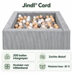 Vierkante modulaire Jindl Cord ballenbak grijs: 200 ballen, zachte ribstof, klittenband en wasbare hoes op 30 °C