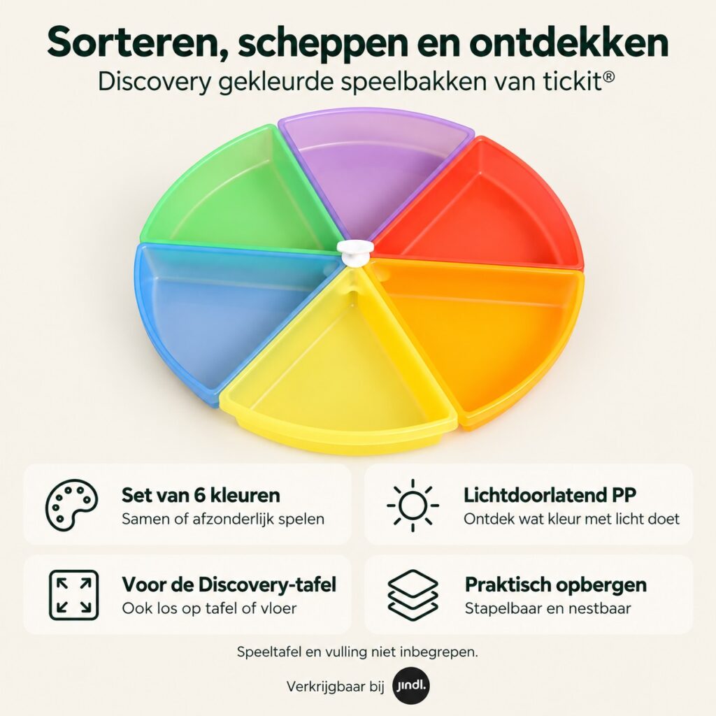 Voordelen van discovery gekleurde speelbakken set 6 van Tickit, verkrijgbaar bij Jindl