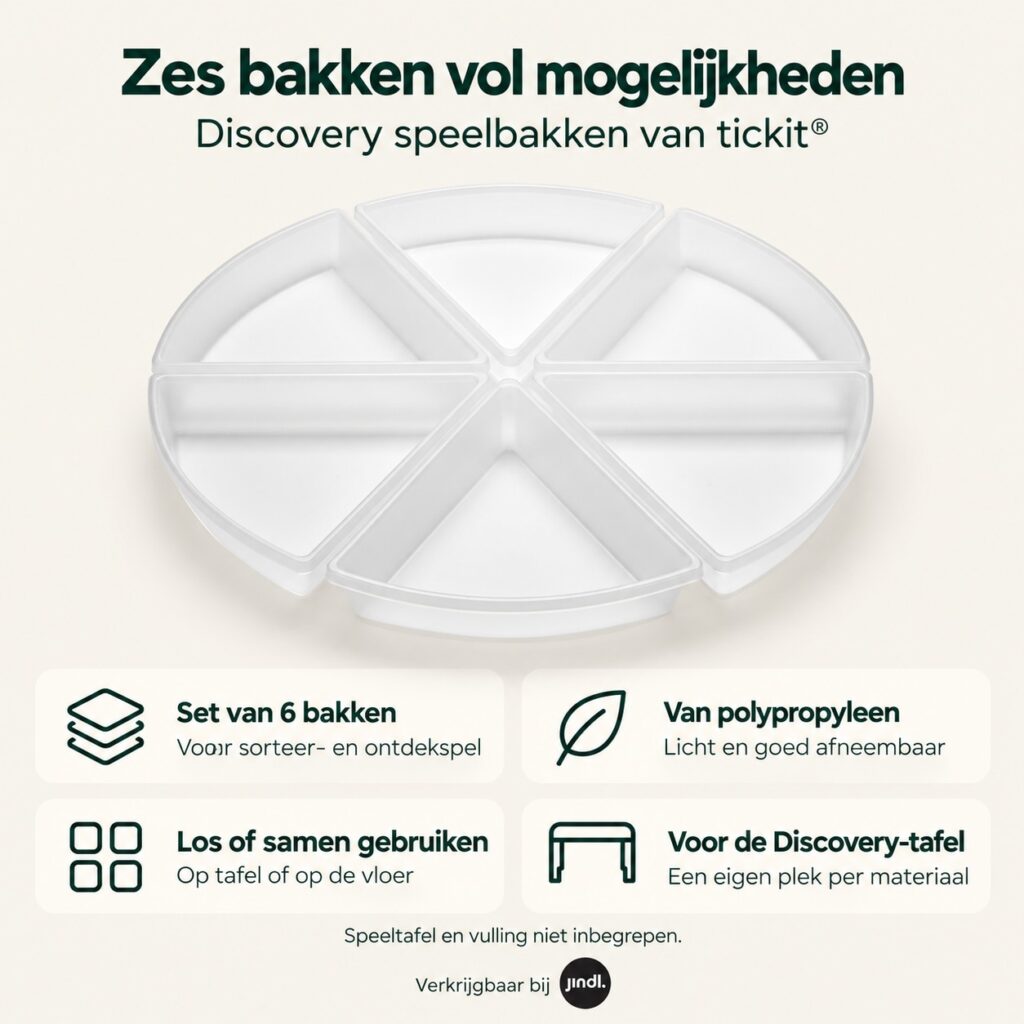 Voordelen van discovery speelbakken set 6 van Tickit, verkrijgbaar bij Jindl