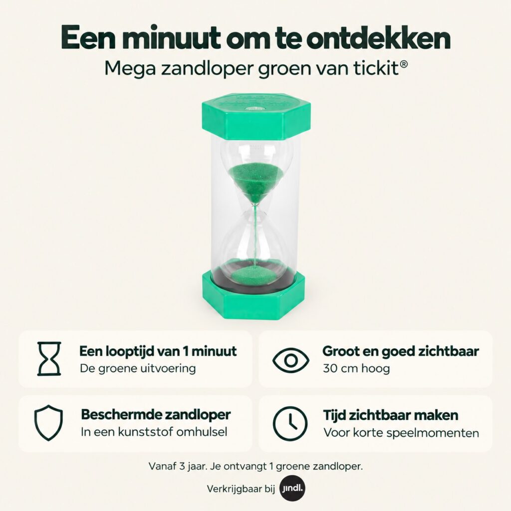 Voordelen van mega zandloper groen 1 minuut van Tickit, verkrijgbaar bij Jindl