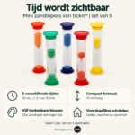 Voordelen van mini zandlopers set 5 van Tickit, verkrijgbaar bij Jindl